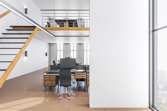 Modern office interior with computer monitor