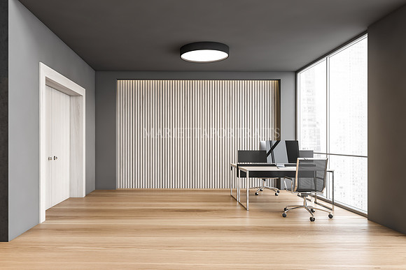 Business room with two computers on tables, office room wooden floor black wall