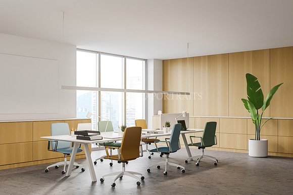 Wooden office corner with colorful chairs